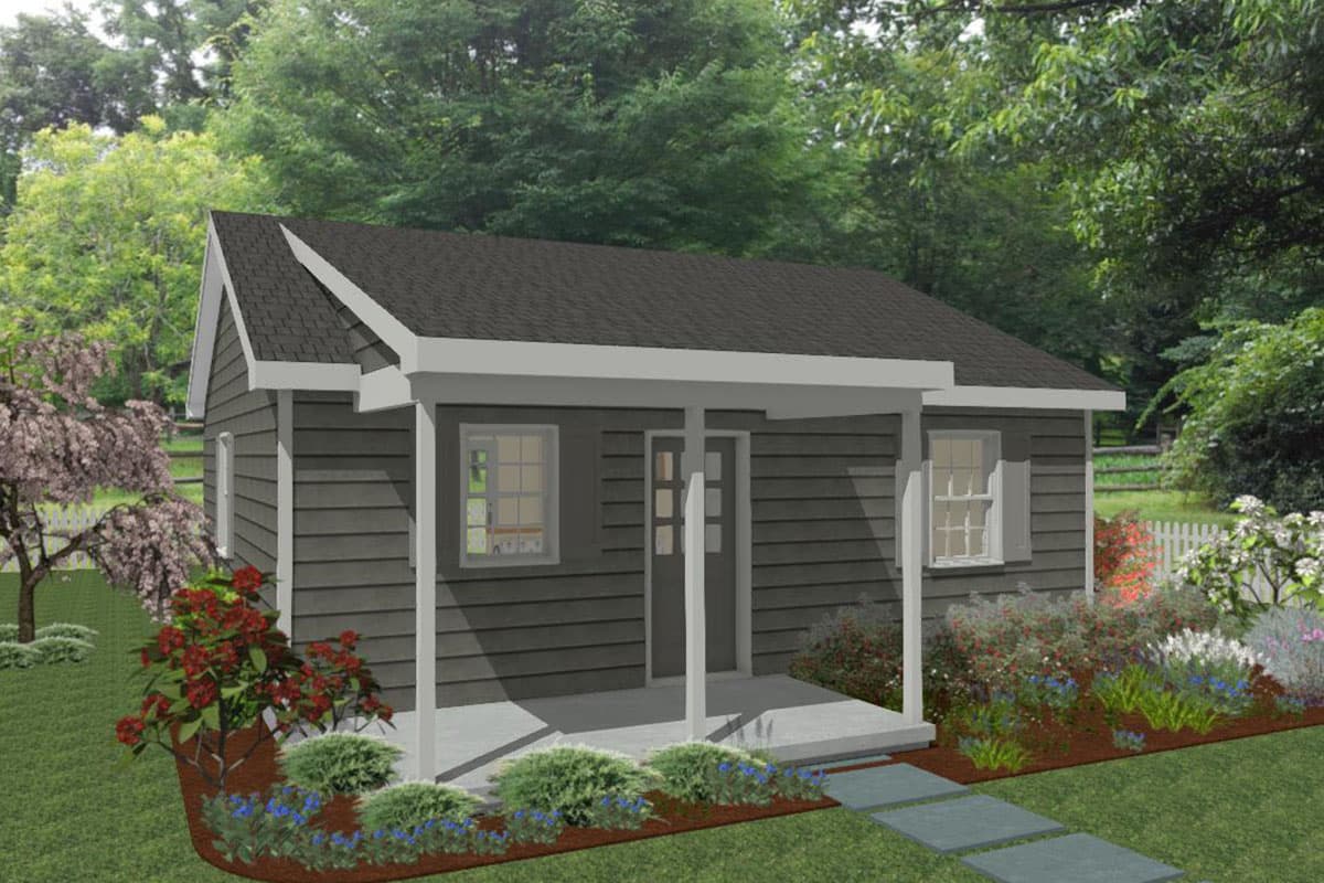 House plan exterior. One-story design with front porch, gable roof, and vertical siding. Features include a covered entry and multiple windows.
