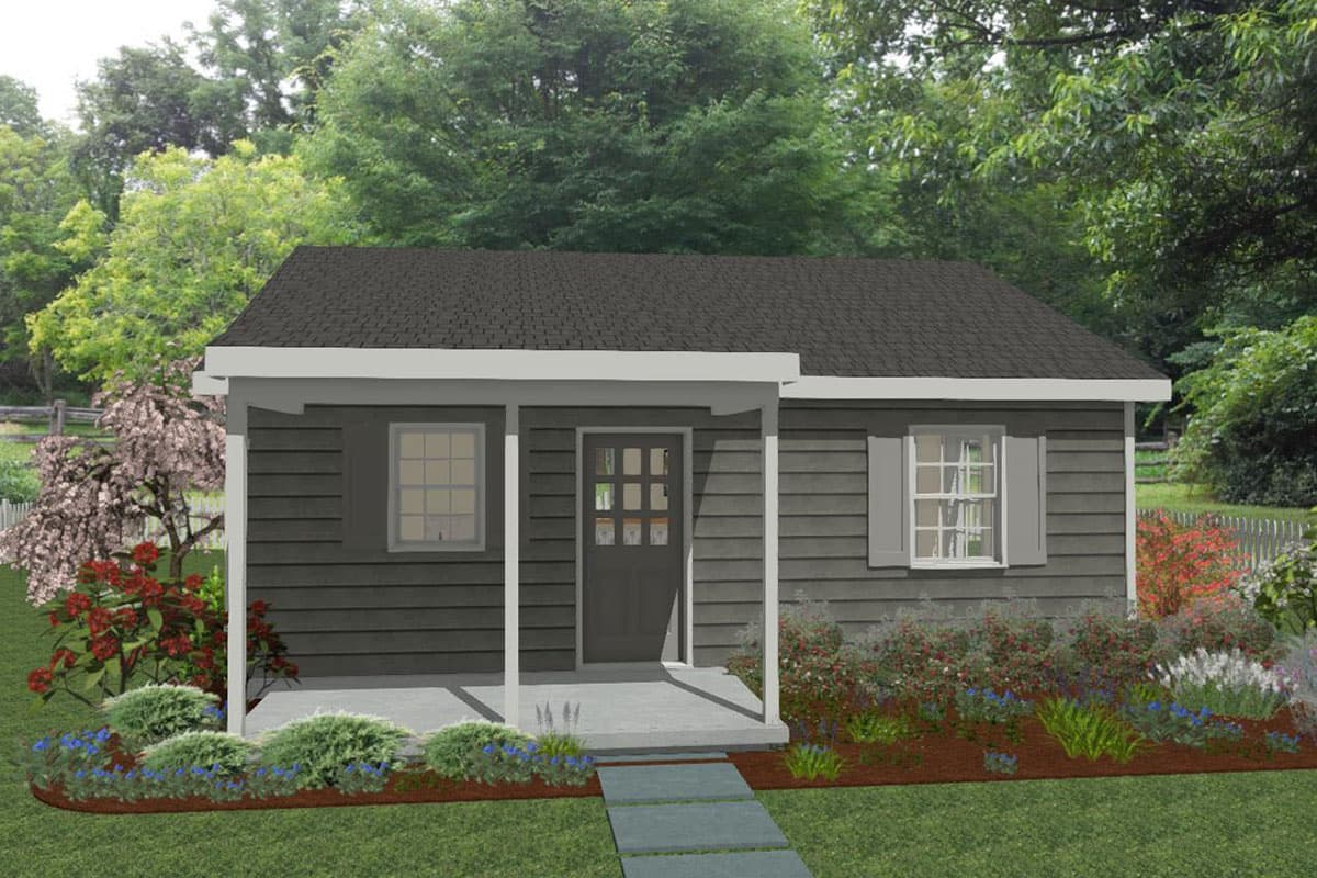 House plan exterior: one-story cottage style with covered front porch, gable roof, and horizontal siding.