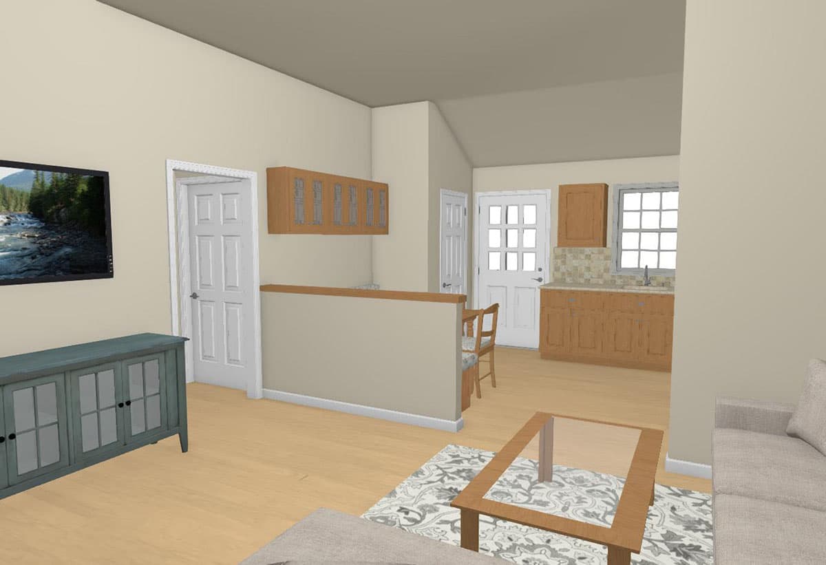 Interior rendering shows an open living area with a kitchen island, natural wood cabinets, and a vaulted ceiling.