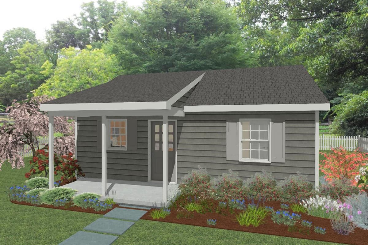 House plan exterior: one-story dwelling with a covered front porch, two front doors, and centered windows with shutters.