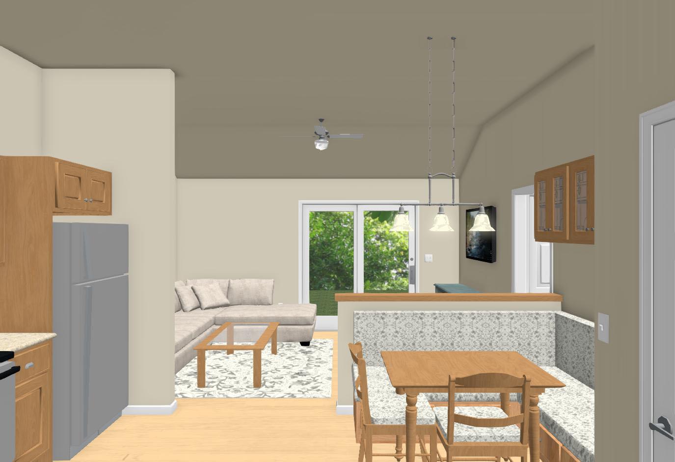 Rendering of an open-concept living area with a kitchen, dining nook, and living room featuring a sectional sofa and sliding glass doors.