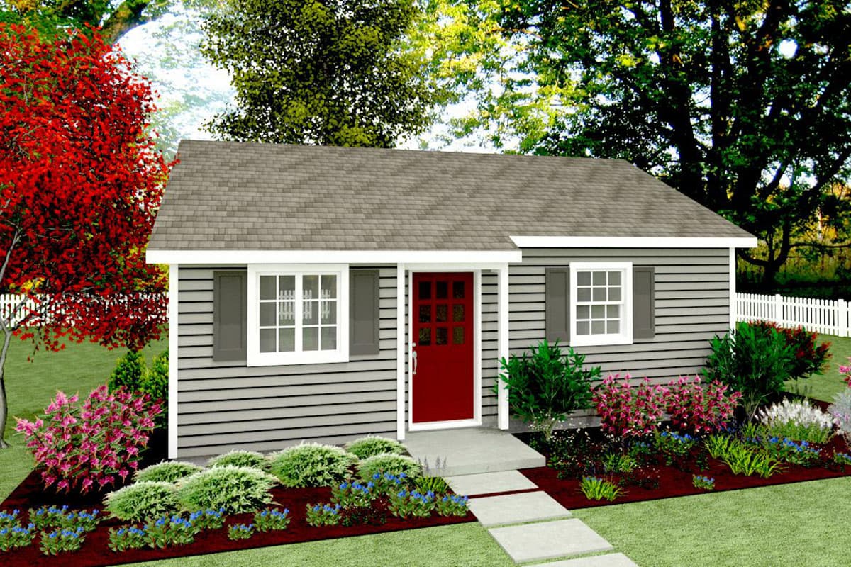 Ranch style house plan exterior, one story, with gray horizontal siding, white-paned windows, and red front door.
