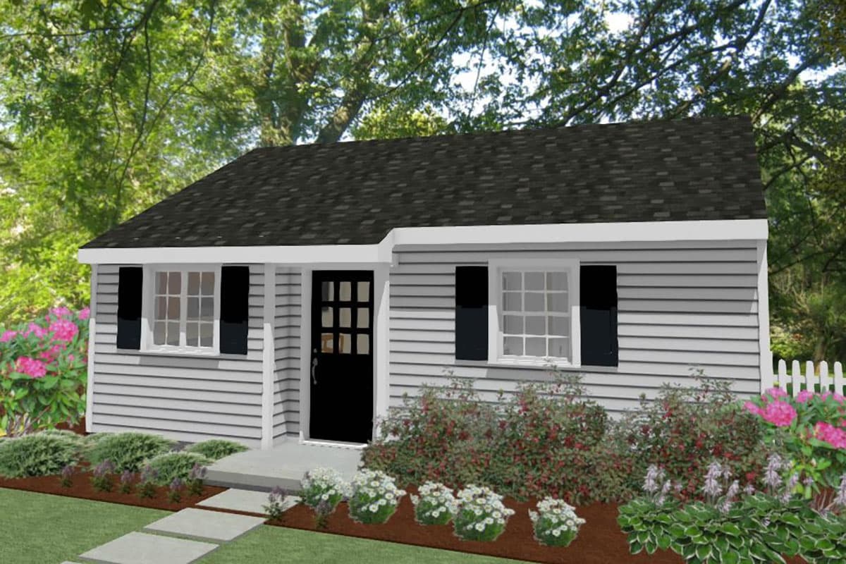 House plan exterior: single-story dwelling with hip roof, centered entry door, and two front-facing windows with shutters.