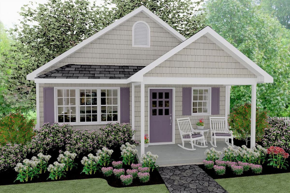 House plan exterior. Cottage style with a single story, gable roof, and front porch. Features include decorative shutters and an arched vent detail.
