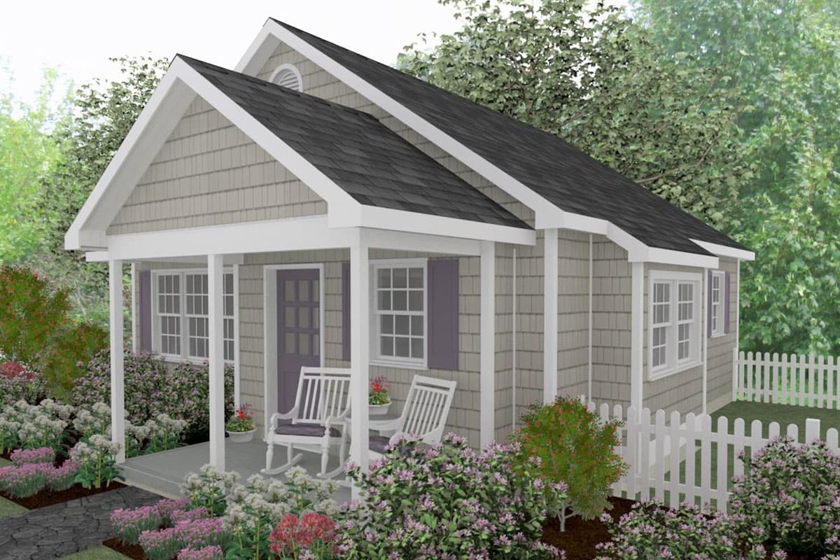 House plan exterior: one-story cottage with front porch, double-hung windows, and shingle siding.