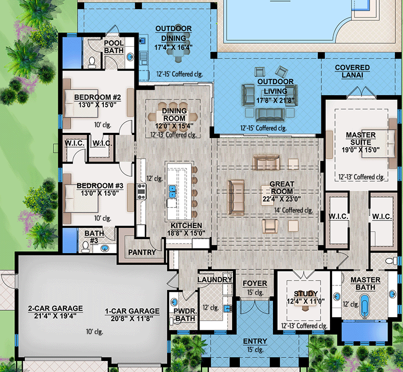 Plan 65631BS: Transitional Florida House Plan for Outdoor Enthusiasts  - Floor Plan - Main Level - Coastal, European, Florida-Style, Southern, Transitional
