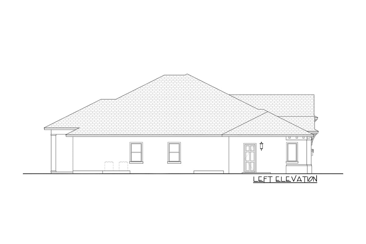 Left elevation house plan showing a single-story structure with a prominent gabled roofline, entry door with transom, and two windows.