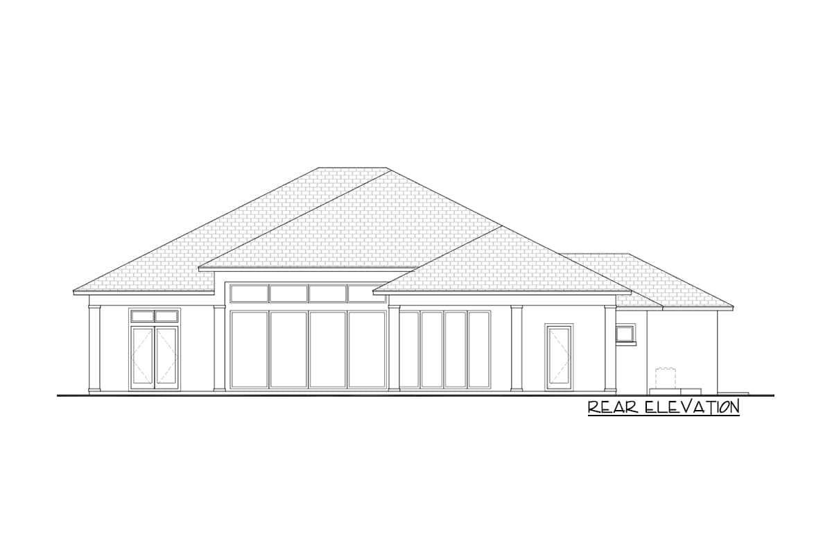 Rear elevation drawing of a house plan, featuring a hip roof, multiple large windows, and a single door.