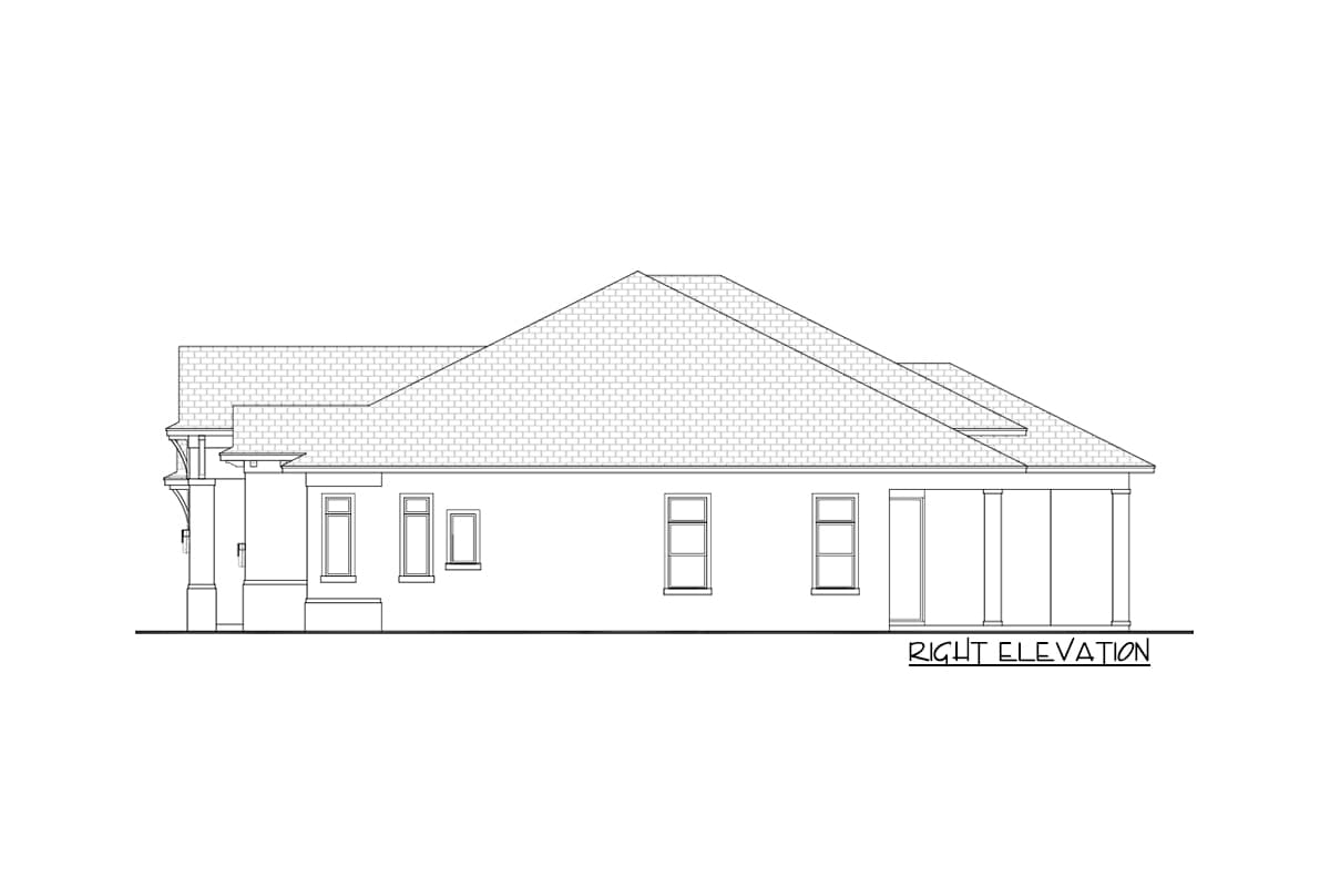 Right elevation drawing of a single-story house plan with multiple gables, windows, and a covered porch.
