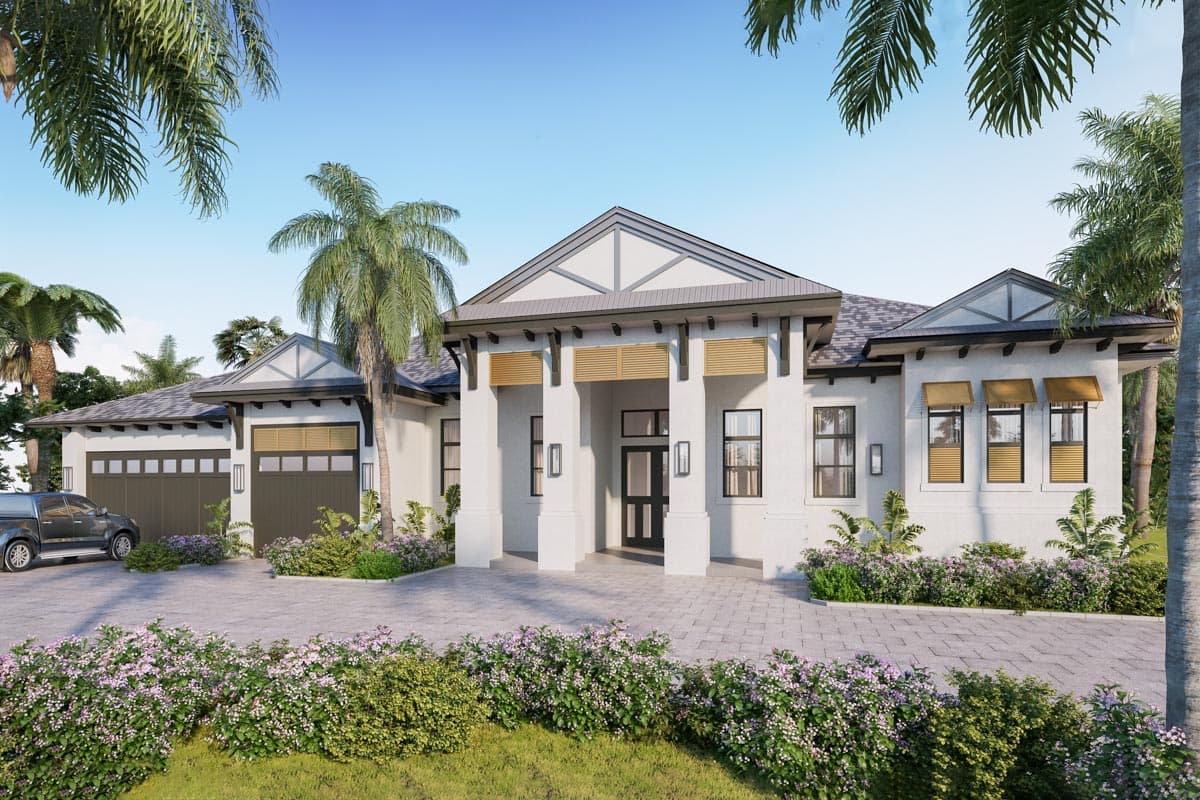 House plan exterior with two stories and Craftsman style. Features include a covered porch with columns, gables, and a three-car garage.