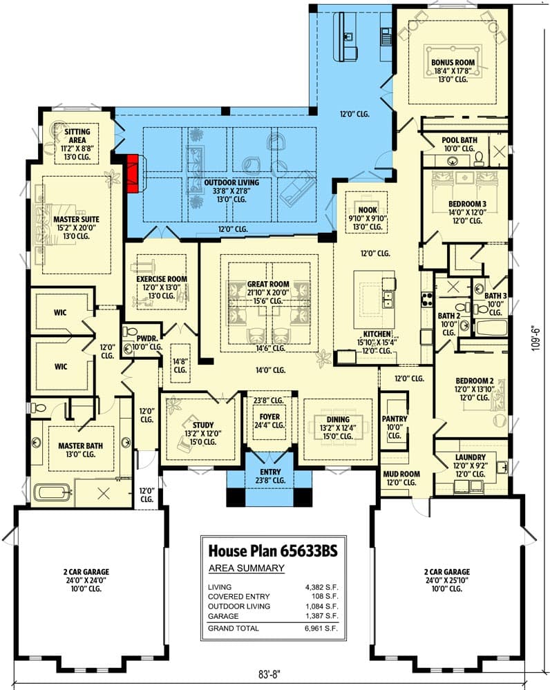 Plan 65633BS: Mediterranean House Plan with Parking Courtyard and Bonus Room - 4382 Sq Ft - Floor Plan - Main Level - European, Florida-Style, Mediterranean, Transitional