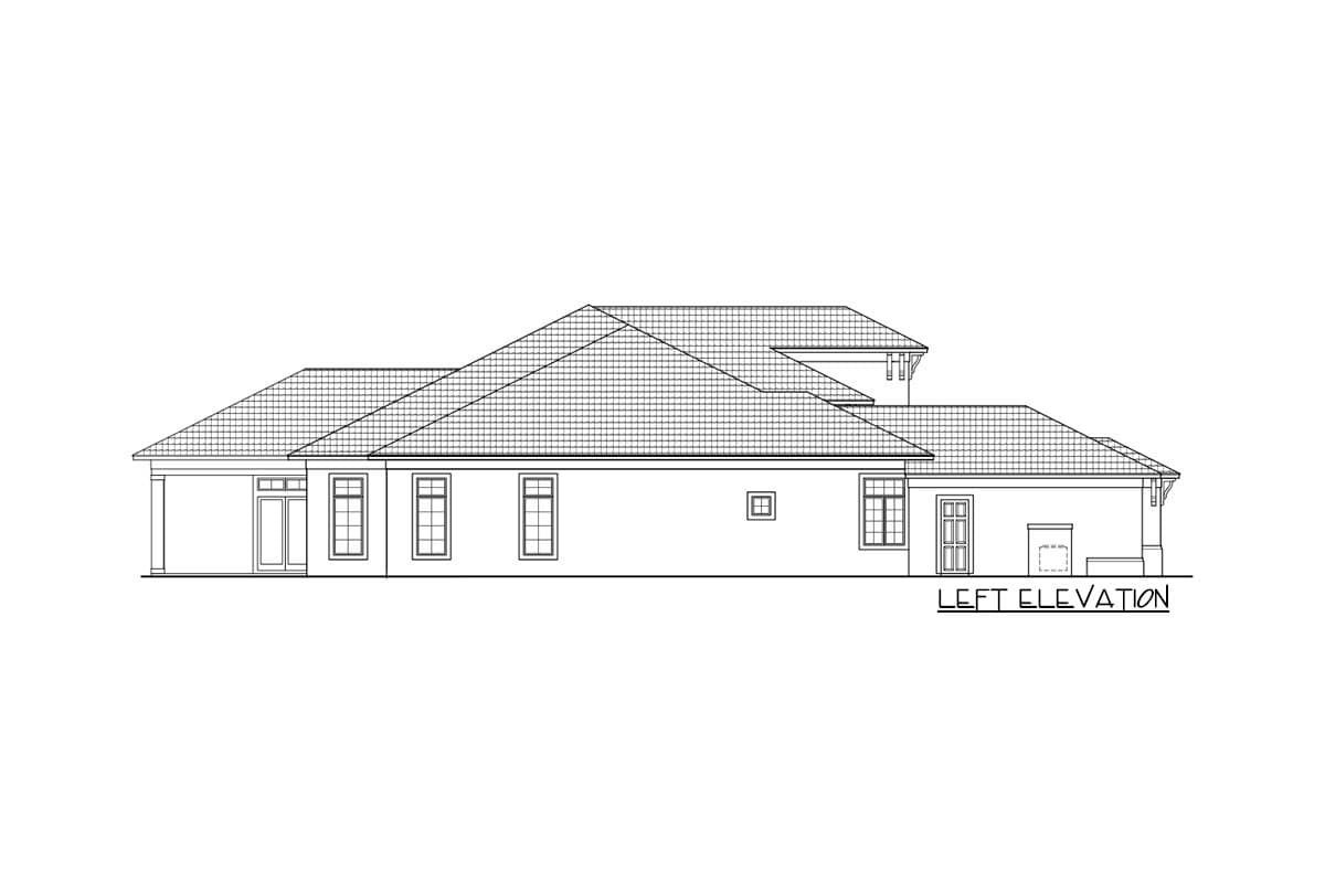 Left elevation house plan showing a single-story structure with a tiled roof, multiple windows, and a covered entryway.