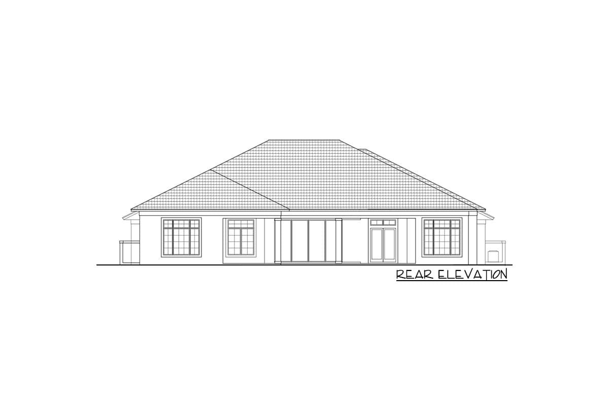 Rear elevation drawing of a single-story house with a prominent hip roof, multiple windows, sliding glass doors, and a side porch.