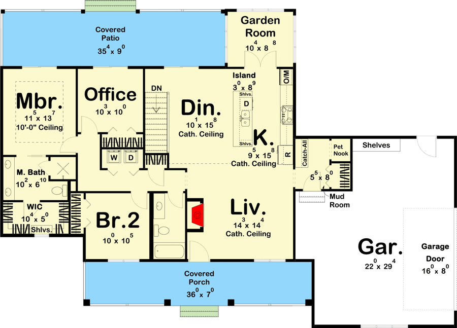 Plan 62348DJ: One-Story New American House Plan with Office and Garden Room - 1542 Sq Ft - Floor Plan - Main Level - Craftsman, New American, Ranch