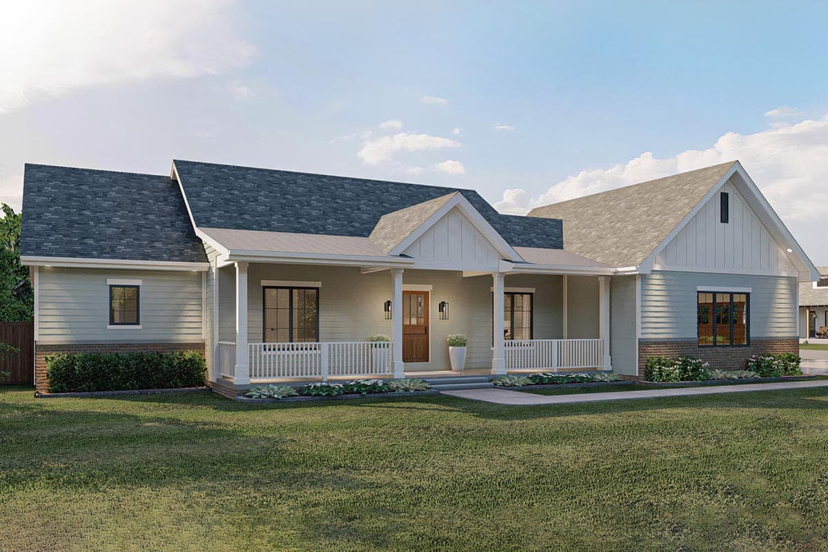 House plan exterior. Ranch style with a front porch, gabled roof, and multiple windows. Features a covered porch and symmetrical design.