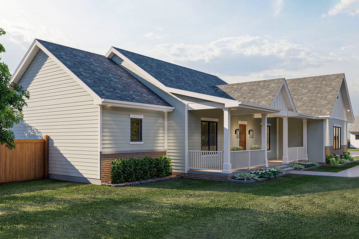 Modern Farmhouse style house plan exterior with gabled dormers, covered front porch with white railings, and horizontal siding.