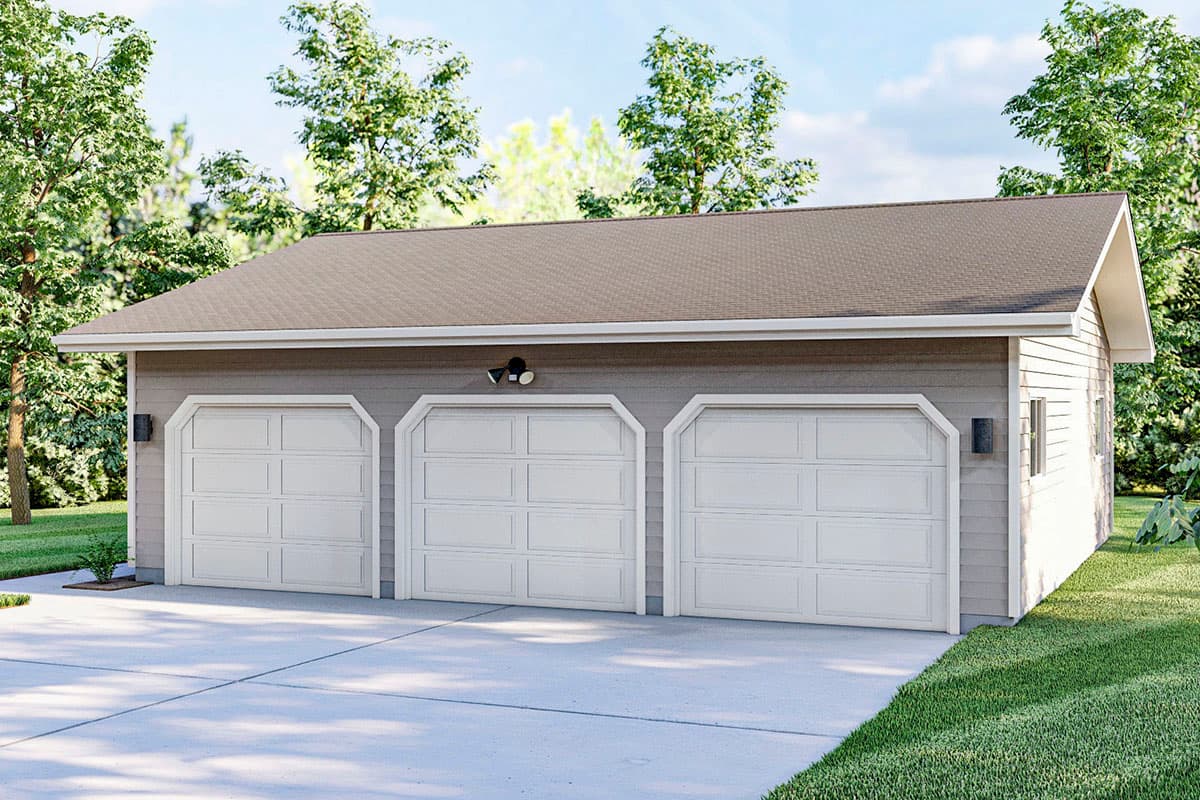 House plan exterior featuring a detached garage with three bays. Features include a gable roof, three garage doors, and a concrete driveway.
