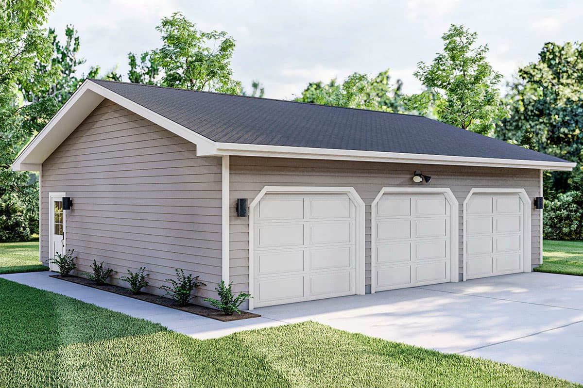 House plan exterior rendering of a one-story garage with three white carriage-style doors and horizontal siding.