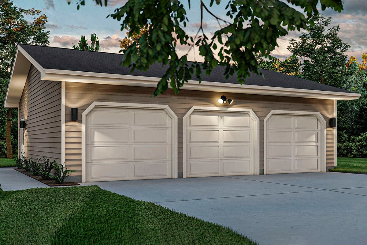 House plan exterior: A three-car garage with horizontal siding, gable roof, and arched garage doors.