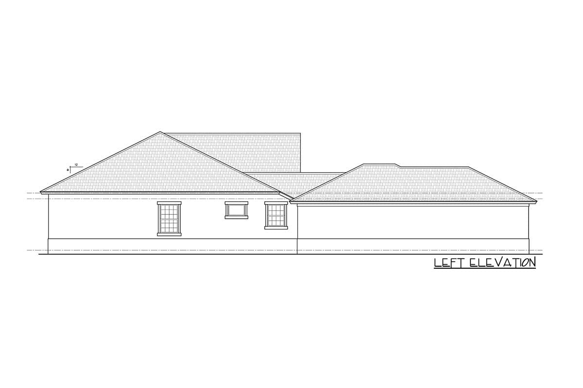Left elevation drawing of a house plan with a hipped roofline and rectangular windows.