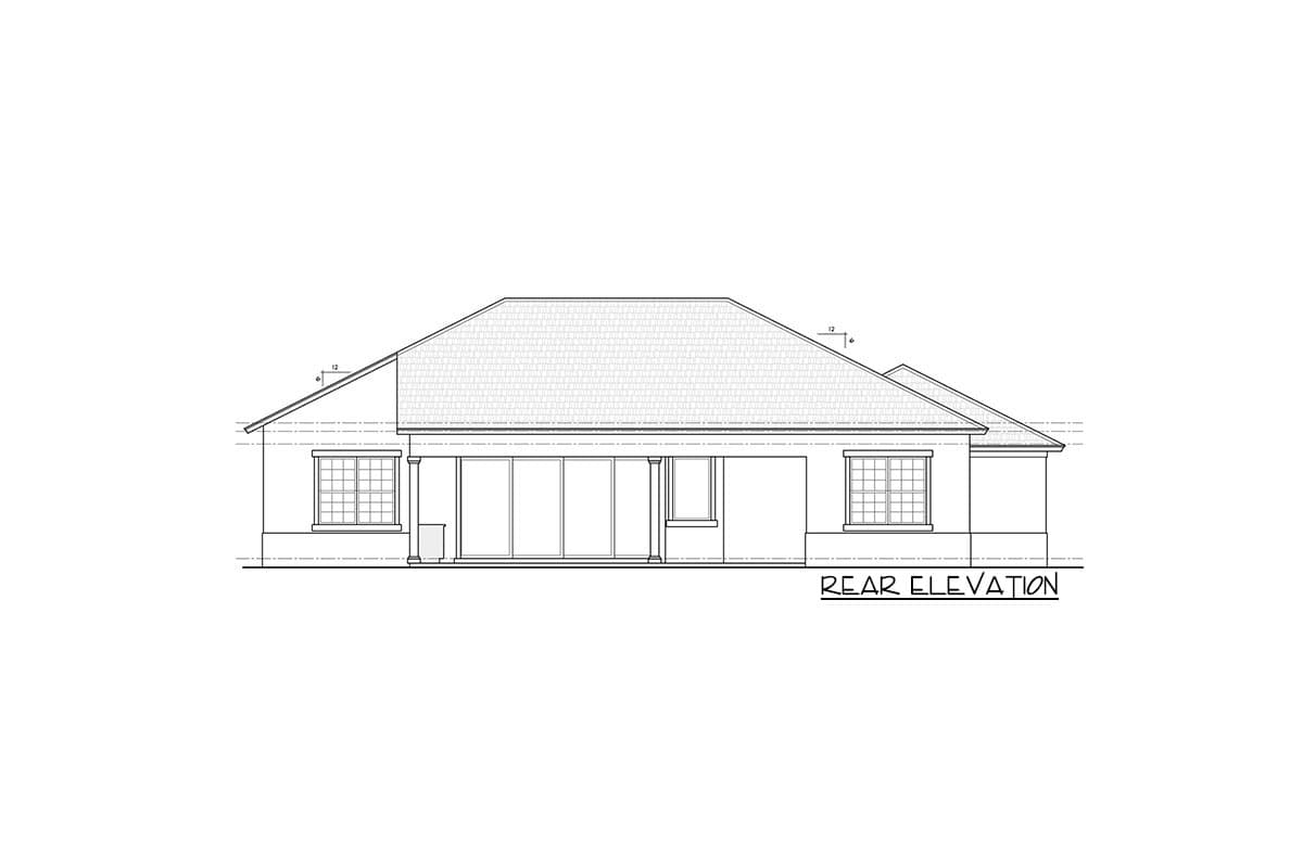 Rear elevation drawing of a house plan showing a large central window bank, side windows, and a hip roof.