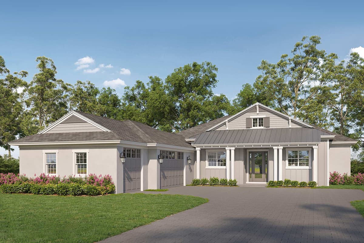 House plan exterior. Ranch style with a low-pitched roof, gabled rooflines, and a covered porch. Attached garage with two garage doors.