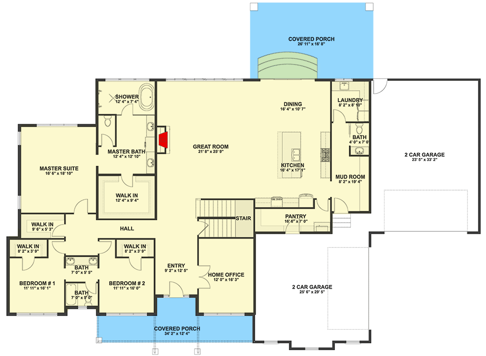 Plan 61379UT: Exclusive Modern Farmhouse Plan with 4-Car Garage and Home Office - Floor Plan - Main Level - Country, Farmhouse, Modern Farmhouse, New American