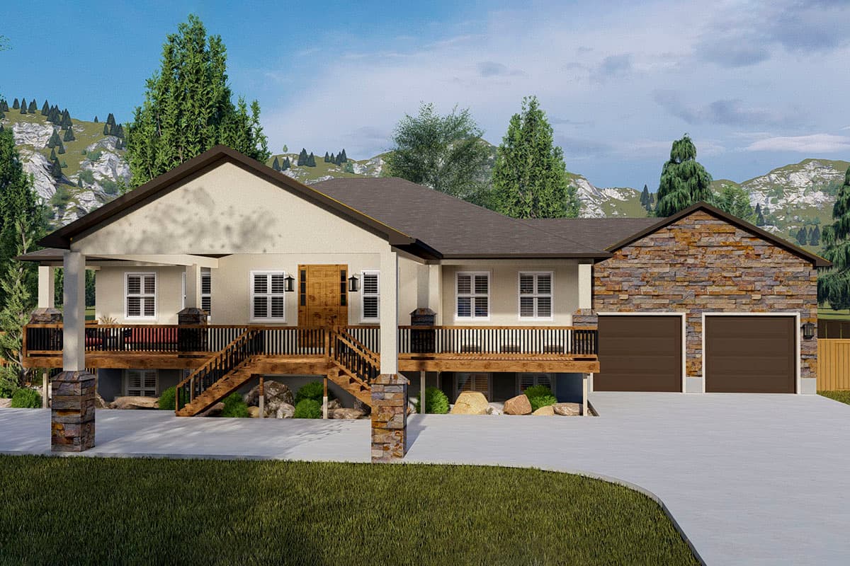 House plan exterior. Ranch style with a raised porch, stone accents, and a two-car garage. Features include a gable roof and wood railings.