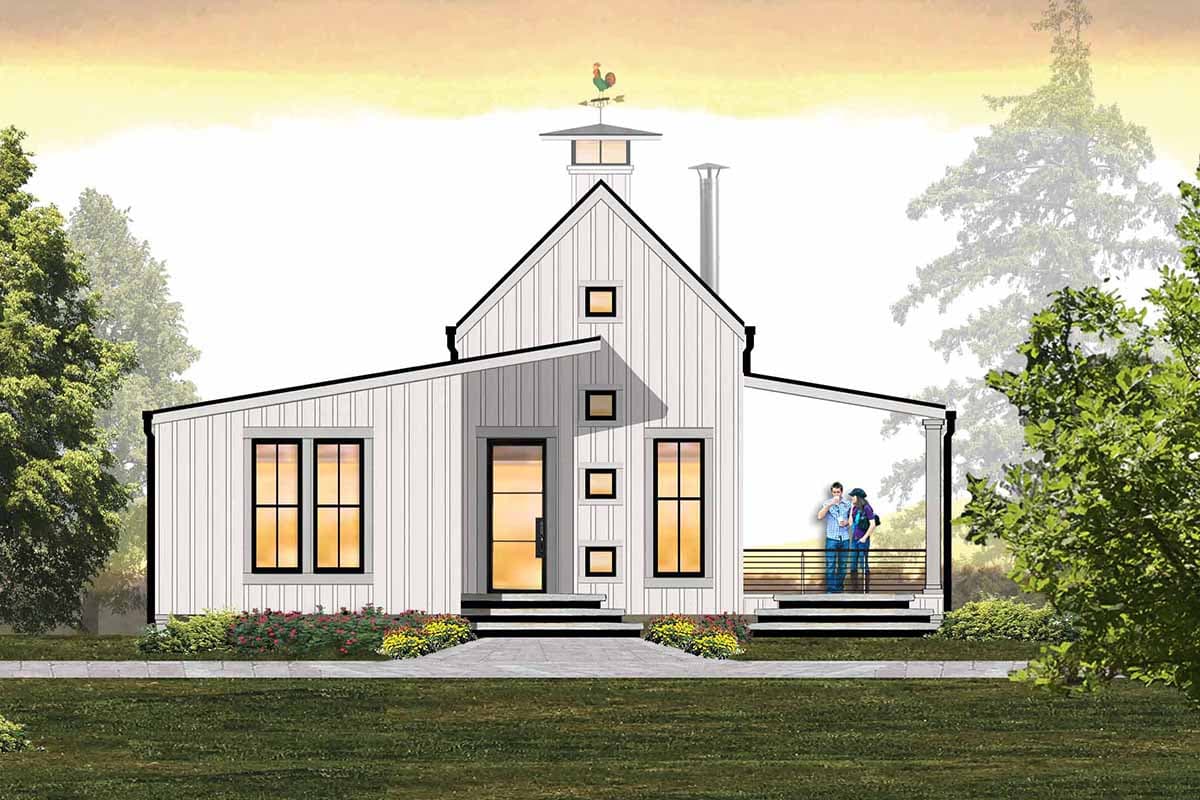 House plan exterior rendering, Modern Farmhouse style with a gabled roof, rectangular windows, a porch, and cupola with weather vane.