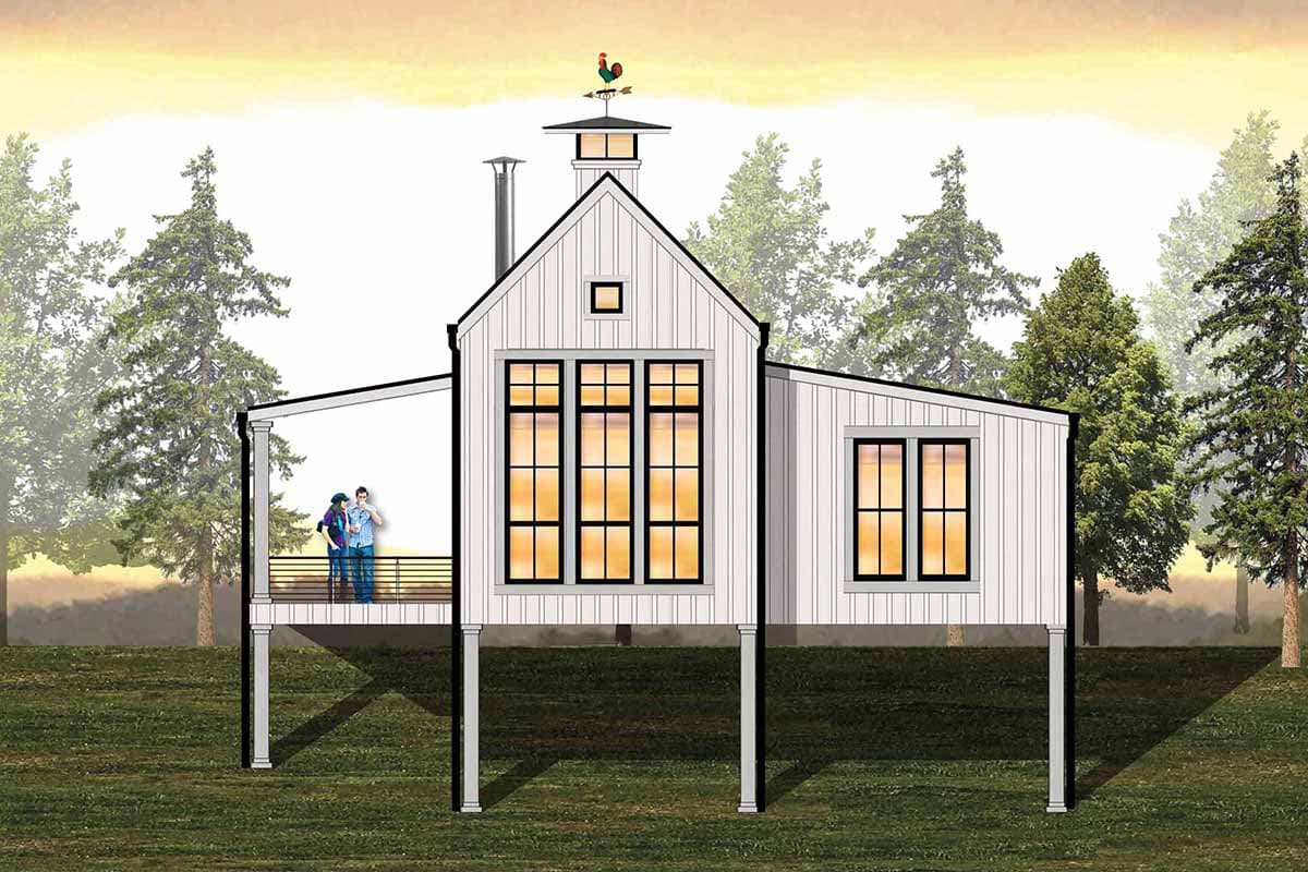 House plan exterior, modern farmhouse style, two stories, raised foundation, gabled roof, covered porch with railings, and large windows.
