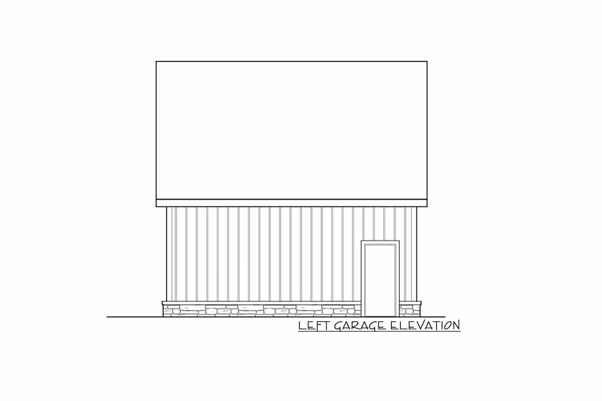 Left garage elevation drawing showing vertical siding, stone foundation, and a door.