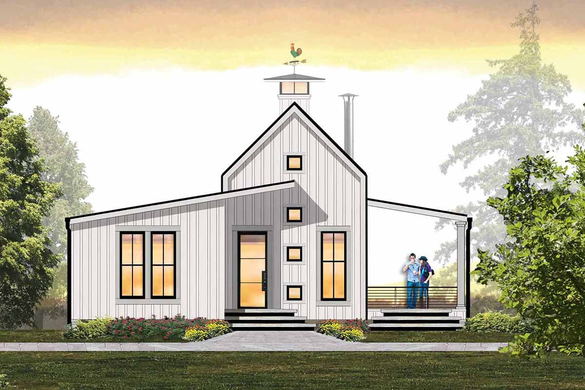 House plan exterior rendering. Modern Farmhouse style with a gabled roof, vertical siding, and a covered porch. Features a cupola and chimney.