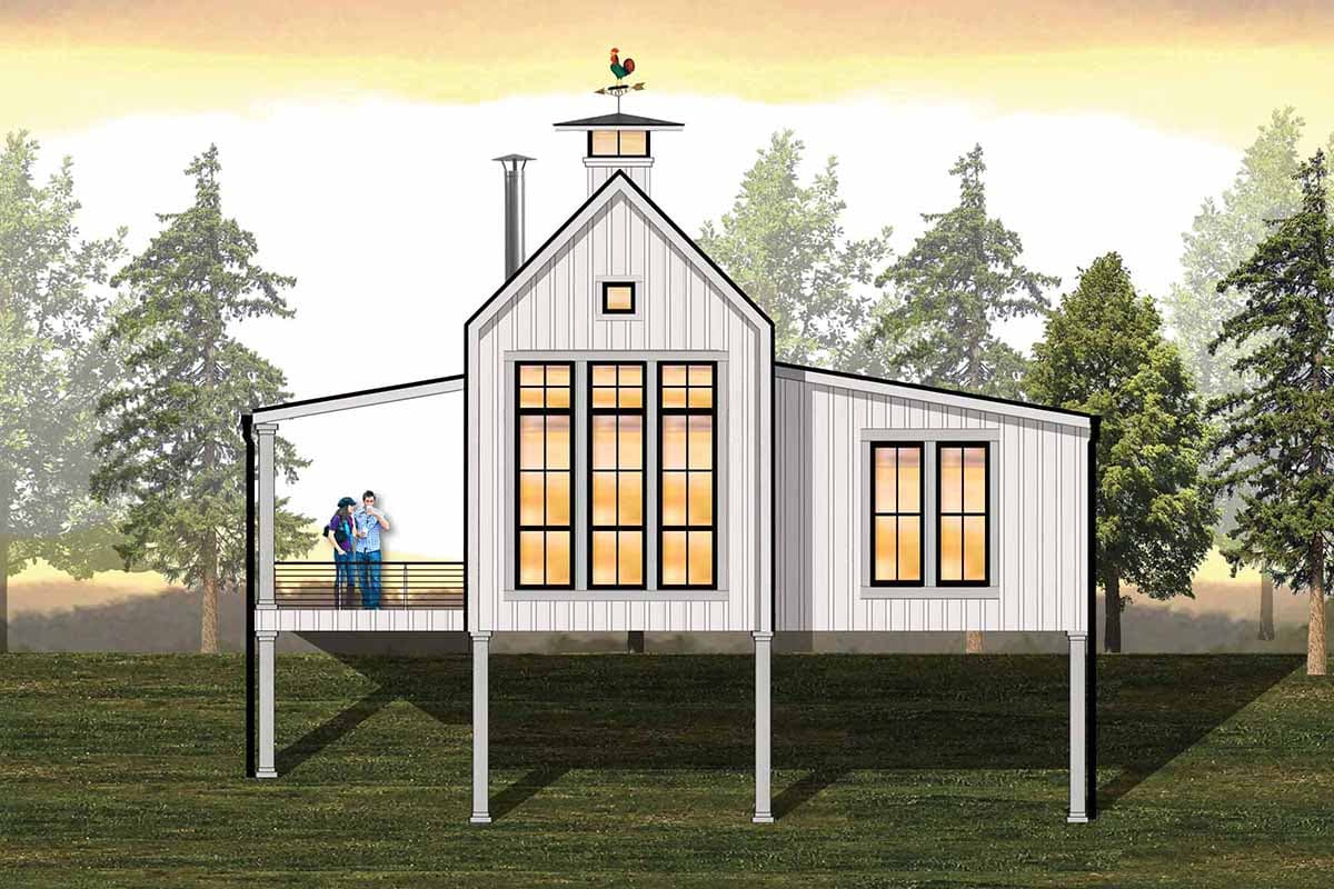 Modern Farmhouse house plan exterior with a covered deck, steep gable roof, and large grid windows.