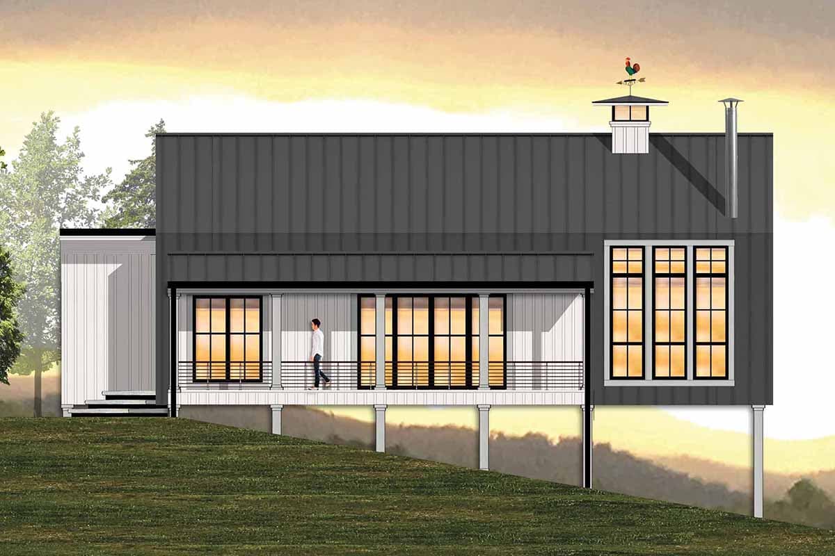 Modern house plan exterior with metal roof, covered porch with columns, large windows, and side entrance.