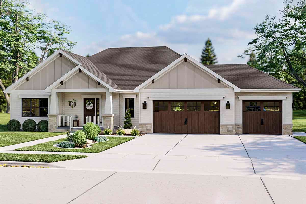 House plan exterior. Craftsman style, one-story home with gabled roof, covered porch, and attached garage with two bays.