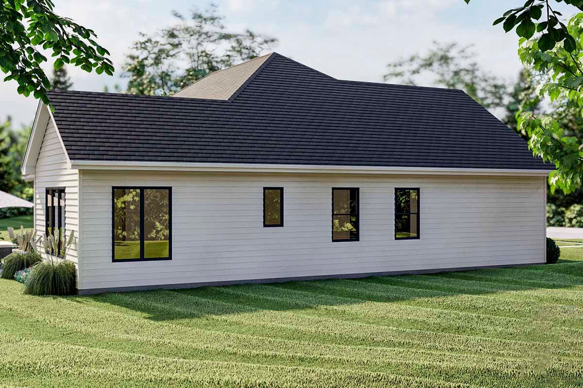 House plan exterior view of a one-story home with horizontal siding, a gabled roof, and multiple rectangular windows.