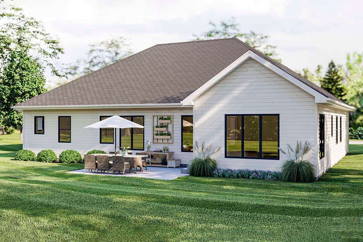 House plan exterior: Modern single-story with horizontal siding, large casement windows, and a prominent hip roof.