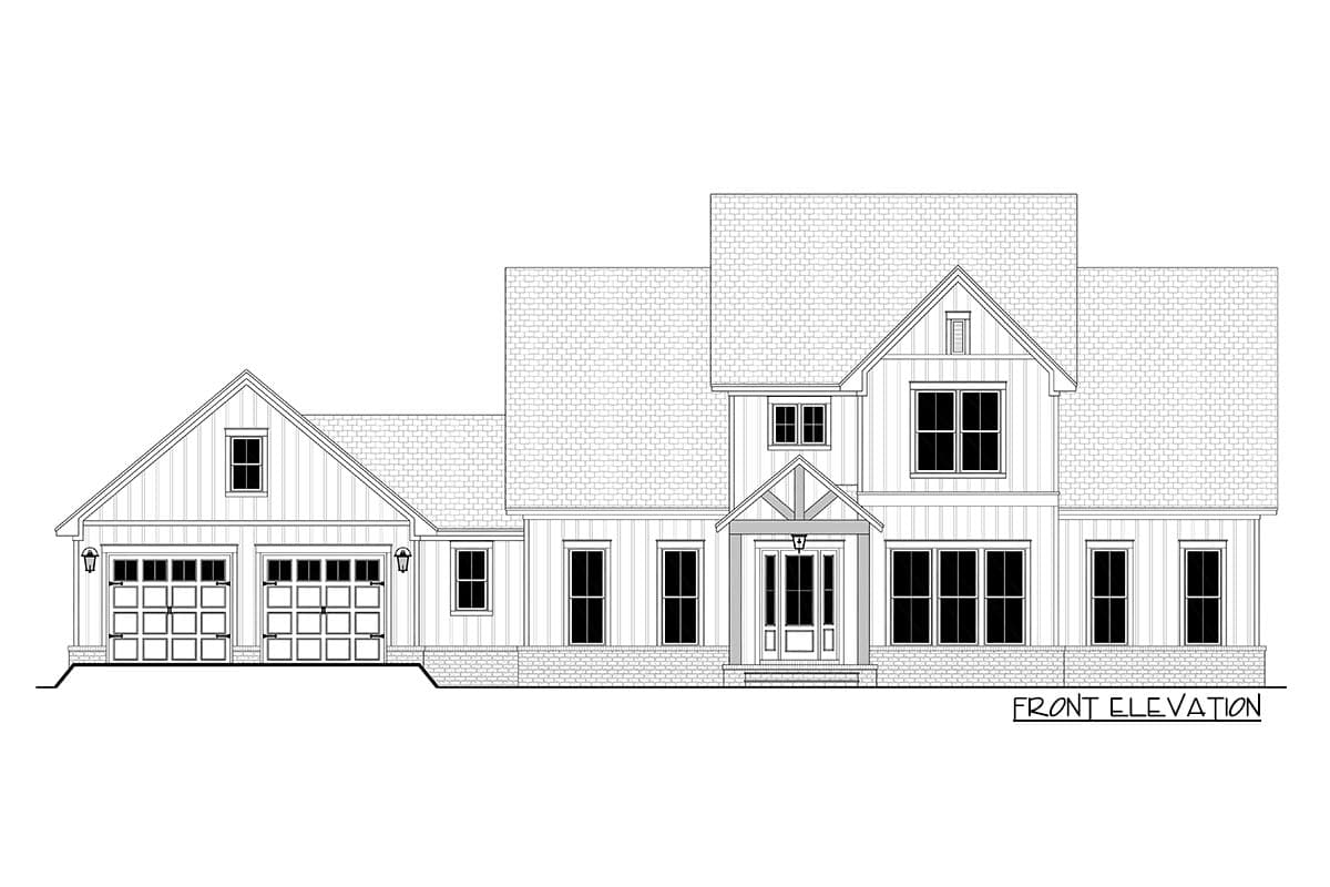Front elevation drawing of a two-story house plan with a side-entry three-car garage, prominent gables, and covered entry.