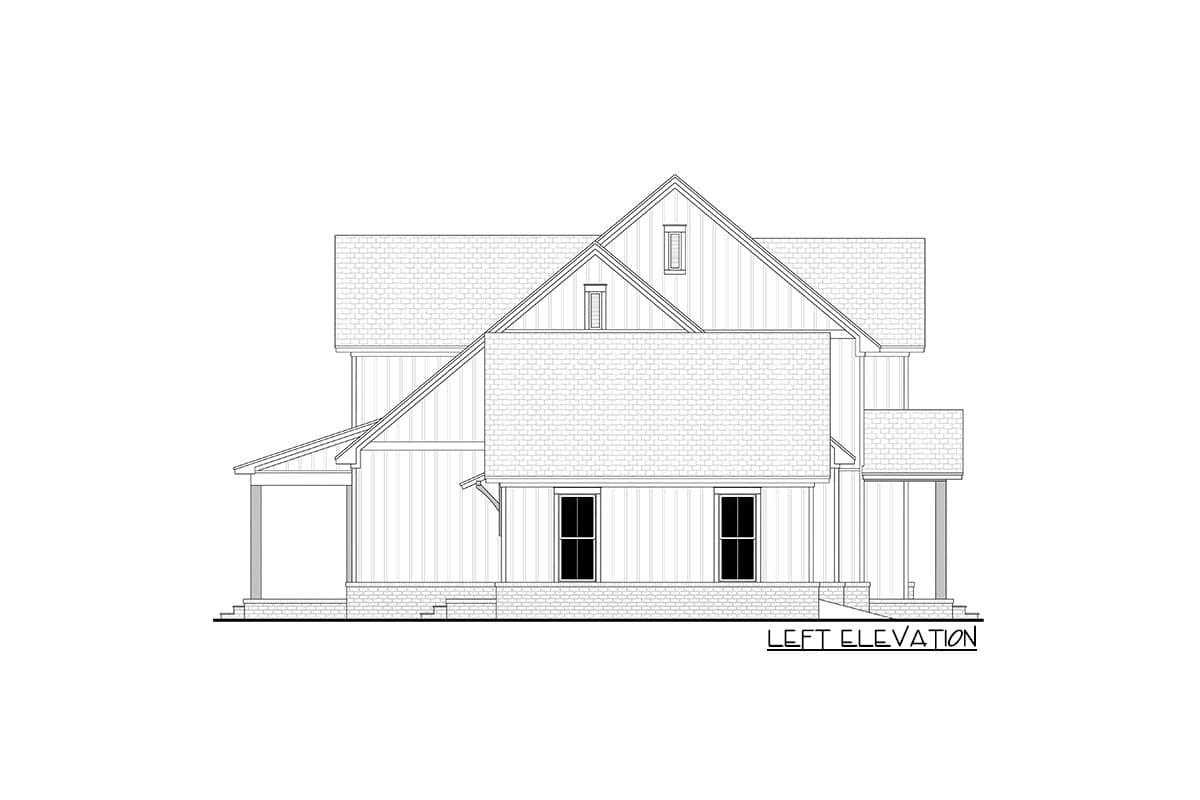 Left elevation house plan showing a two-story building with a prominent gable, covered porch, and multiple dormers.