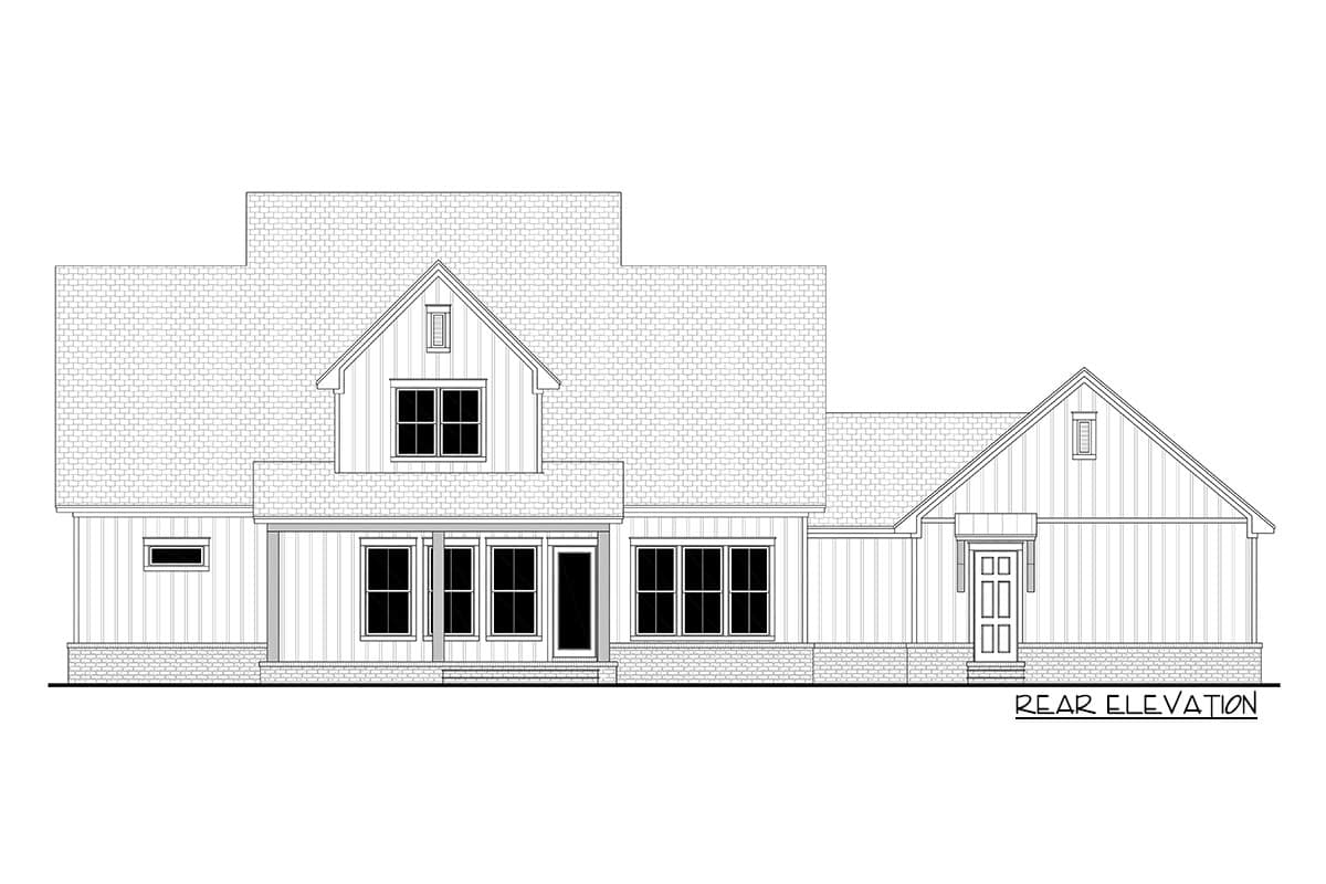 Rear elevation house plan showing a two-story home with a gabled dormer, porch, and multiple windows.