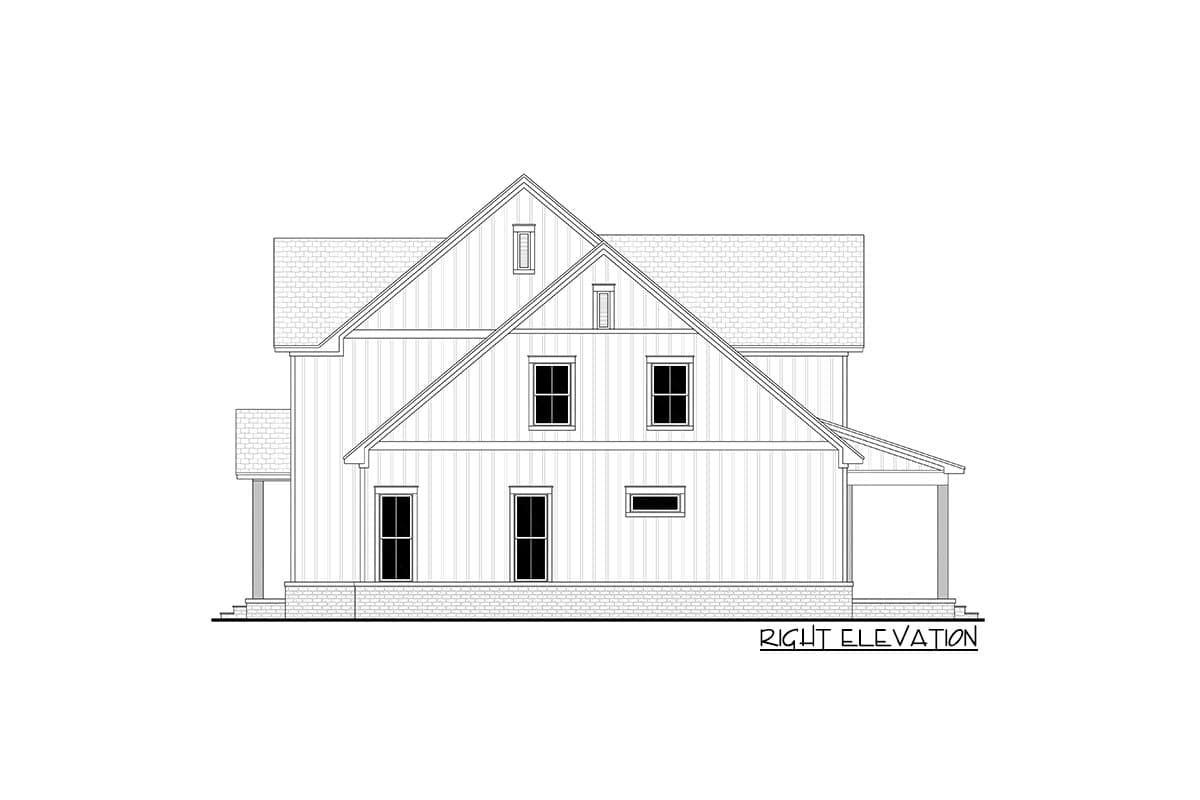 House plan right elevation drawing showing a two-story house with gables, dormers, and a covered porch.