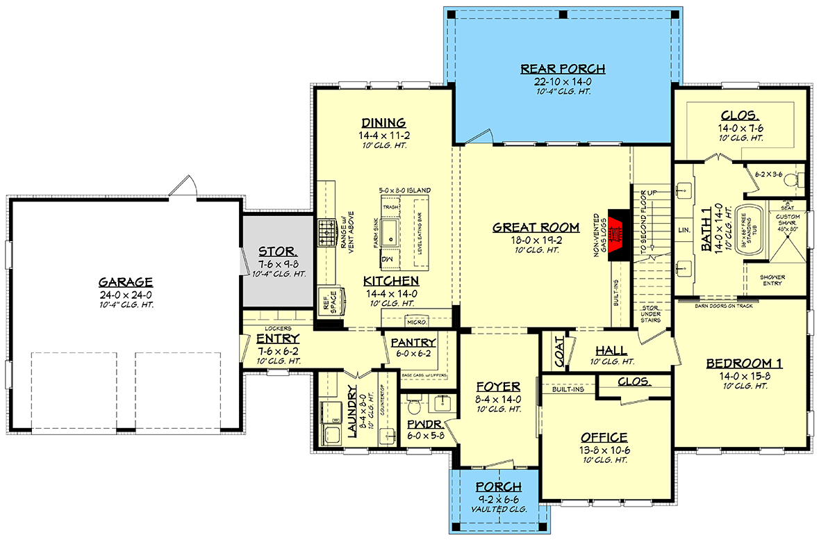 Plan 51857HZ: New American Modern Farmhouse with One Bedroom on the Main Floor and Three Bedroom Upstairs - Floor Plan - Main Level - Country, Craftsman, Farmhouse, Modern Farmhouse, New American, Traditional