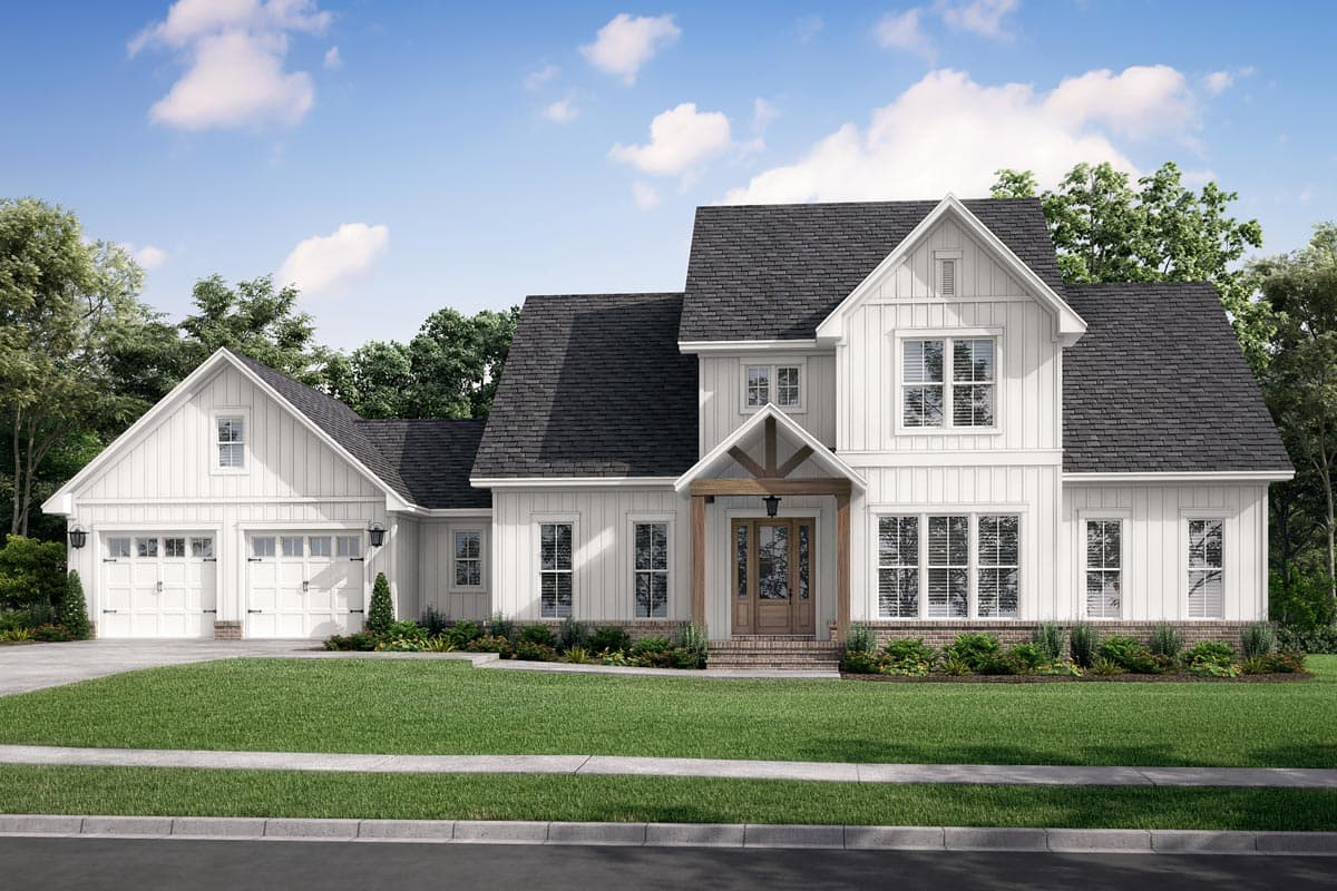 House plan exterior. Modern Farmhouse style, two stories. Features include gables, a covered porch with exposed beams, and a two-car garage.