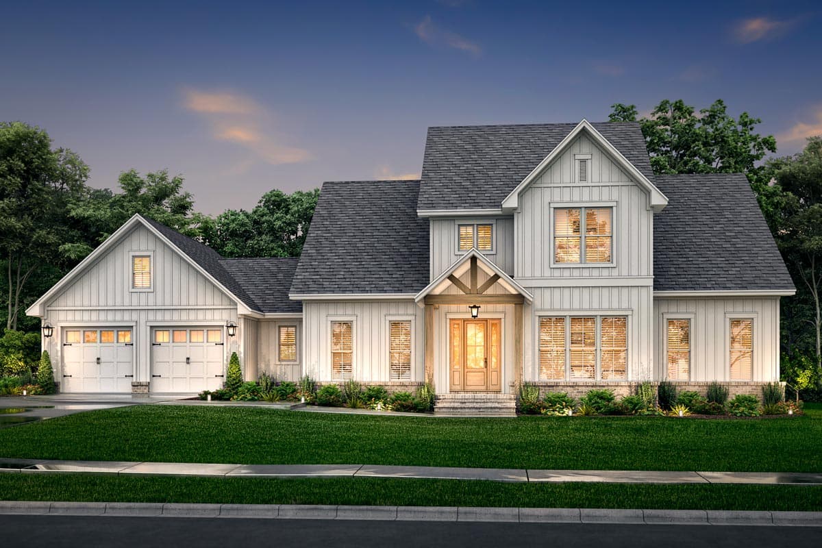 Modern Farmhouse house plan exterior with a gabled entrance, a three-car garage, and board and batten siding.