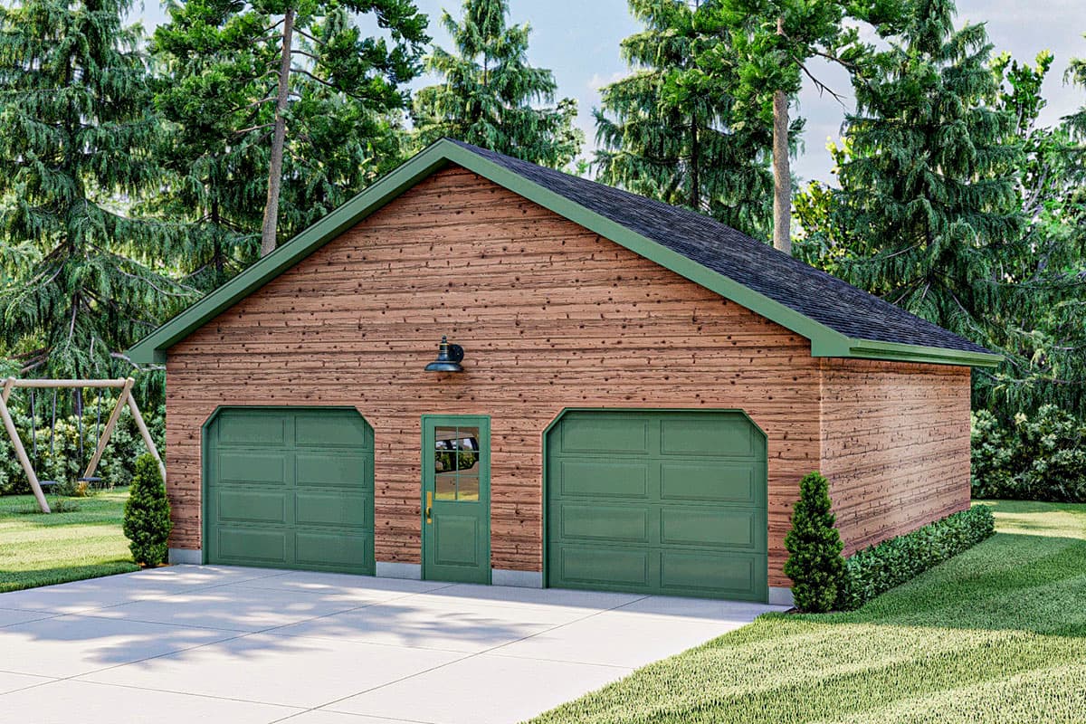 House plan exterior. One-story garage with two garage doors and a centered entry door. Features wood siding and a gabled roof.