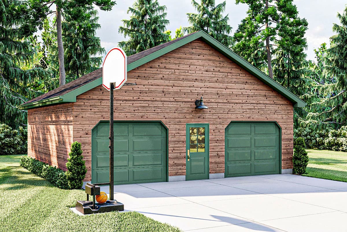 House plan exterior: two-car garage with side-entry door, wood siding, gabled roof, set in a wooded area.