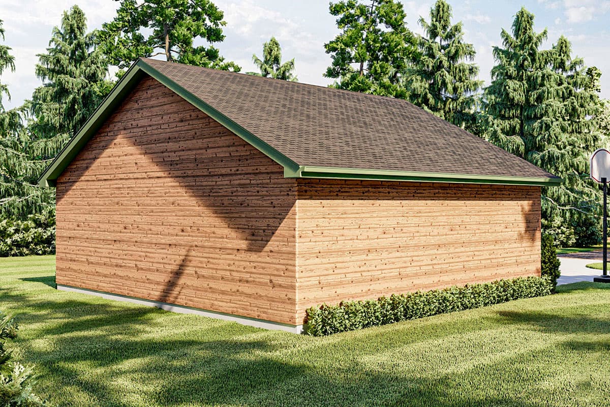 House plan exterior rendering of a one-story building with wood siding, gabled roof, and minimal landscaping.