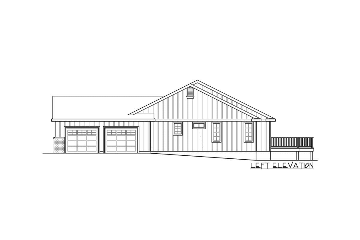 Left elevation drawing of a single-story house plan with a three-car garage, vertical siding, and a deck.