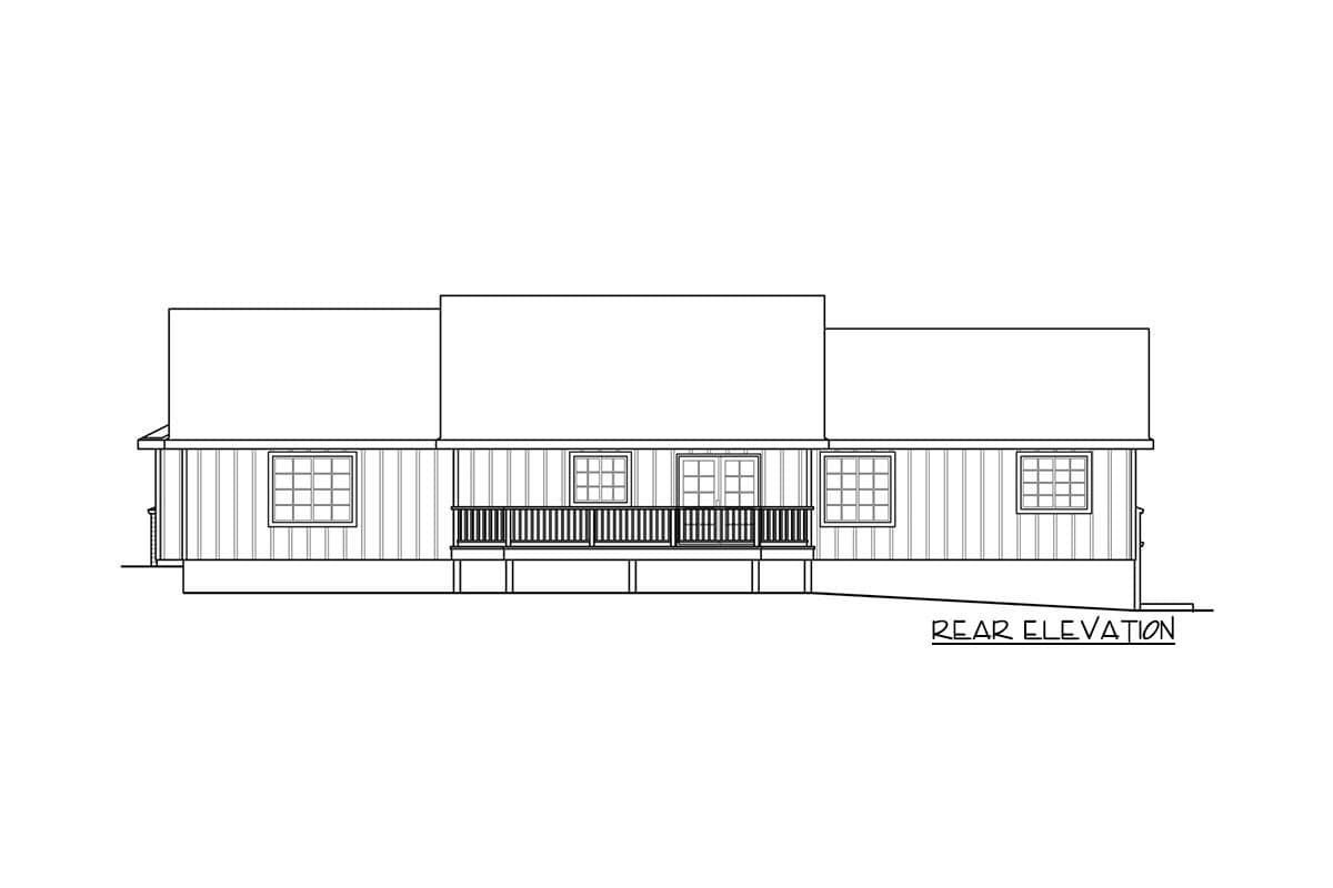 Rear elevation drawing of a house plan featuring a deck, French doors, and multiple windows.