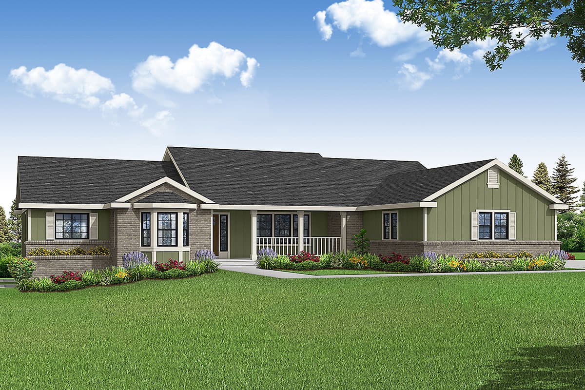 House plan exterior. Single-story Ranch style home with a front porch, gables, and brick facade.